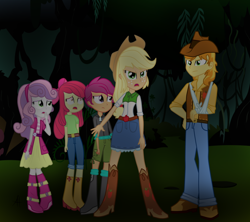 Size: 1024x910 | Tagged: dead source, safe, artist:angelitus01, apple bloom, applejack, braeburn, scootaloo, sweetie belle, appleoosa's most wanted, equestria girls, belt, boots, bow, broken arm, clothes, cowboy hat, cutie mark crusaders, denim skirt, equestria girls interpretation, equestria girls-ified, freckles, hairband, hat, jeans, miniskirt, pants, scene interpretation, shoes, shorts, skirt, stetson