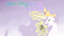 Size: 1600x900 | Tagged: safe, artist:mofetafrombrooklyn, princess celestia, alicorn, pony, banner, magic, microphone, princess molestia, solo