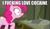 Size: 1280x738 | Tagged: safe, edit, edited screencap, screencap, pinkie pie, earth pony, pony, the saddle row review, caption, cocaine, discovery family logo, drugs, dust, image macro, meme, sniffing, snorting, vulgar, wide eyes