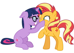 Size: 1024x732 | Tagged: safe, artist:emeraldblast63, sci-twi, sunset shimmer, twilight sparkle, pony, unicorn, better together, equestria girls, spring breakdown, boop, cheek squish, equestria girls ponified, eyes closed, horn, horns are touching, nose to nose, noseboop, open mouth, ponified, raised hoof, squishy cheeks, unicorn sci-twi, yelling