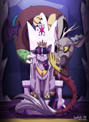 Size: 900x1230 | Tagged: safe, artist:inuhoshi-to-darkpen, derpibooru import, discord, twilight sparkle, twilight sparkle (alicorn), alicorn, draconequus, pony, duo, female, friendship throne, male, mare, temptation, throne, whispering