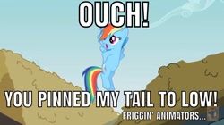 Size: 1280x719 | Tagged: safe, derpibooru import, edit, edited screencap, screencap, rainbow dash, pegasus, pony, animation error, caption, cloud, episode needed, flying, image macro, meme, ouch, sky, text