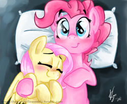 Size: 951x777 | Tagged: safe, artist:vago-xd, fluttershy, pinkie pie, earth pony, pegasus, pony, blushing, female, flutterpie, lesbian, mare, shipping, sleeping