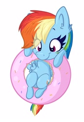 Size: 1100x1600 | Tagged: safe, artist:littleblackraencloud, derpibooru import, rainbow dash, pegasus, pony, chest fluff, chibi, cute, dashabetes, donut, ear fluff, eye clipping through hair, female, food, mare, ponies in food, simple background, smiling, solo, white background