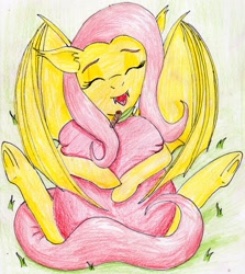 Size: 2441x2736 | Tagged: safe, artist:40kponyguy, derpibooru exclusive, fluttershy, bat pony, pony, 40kponyguy is trying to murder us, apple, cushion, cute, eyes closed, flutterbat, race swap, shyabates, shyabetes, solo, traditional art, underhoof