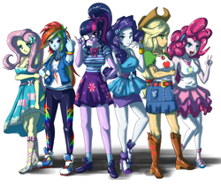 Size: 2200x1850 | Tagged: safe, artist:gpwlghr123, derpibooru import, applejack, fluttershy, pinkie pie, rainbow dash, rarity, sci-twi, twilight sparkle, equestria girls, equestria girls series, adjusting glasses, anime style, applerack, beckoning, breasts, busty mane six, cleavage, converse, crossed arms, female, geode of fauna, geode of shielding, geode of sugar bombs, geode of super speed, geode of super strength, geode of telekinesis, group shot, headlight sparkle, high res, hootershy, humane five, humane six, looking at you, magical geodes, open mouth, peace sign, pinkie pies, pose, rainboob dash, raritits, scary shiny glasses, shoes, simple background, smiling, sneakers, white background