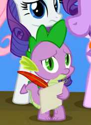 Size: 292x400 | Tagged: safe, screencap, rarity, spike, dragon, pony, unicorn, horse play, claws, cropped, female, horn, male