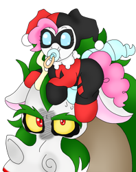 Size: 1433x1806 | Tagged: safe, artist:blackbewhite2k7, discord, pinkie pie, pony, age regression, ask, baby, baby pony, batman, crossover, discopie, female, harley quinn, jokercord, male, pacifier, pinkie quinn, ponies riding discord, pony hat, shipping, straight, the joker, tumblr