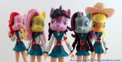 Size: 1247x640 | Tagged: safe, applejack, fluttershy, pinkie pie, rarity, twilight sparkle, earth pony, pegasus, pony, unicorn, derp, doll, melancholy of haruhi suzumiya, nightmare fuel, toy, what has science done