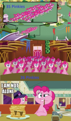 Size: 565x960 | Tagged: safe, edit, edited screencap, screencap, pinkie pie, earth pony, pony, the saddle row review, too many pinkie pies, clone, female, food, mare, pancakes, pinkie clone