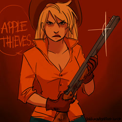 Size: 1280x1280 | Tagged: safe, artist:schpog, applejack, human, angry, ask human appledash, clothes, coach gun, gloves, gun, humanized, shotgun, solo