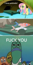 Size: 510x1010 | Tagged: safe, edit, edited screencap, screencap, fluttershy, fish, pegasus, pony, dragonshy, dead, female, mare, mouth hold, spongebob squarepants, vulgar