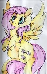 Size: 1888x2943 | Tagged: safe, artist:cutepencilcase, fluttershy, pegasus, pony, flying, solo, traditional art, unshorn fetlocks