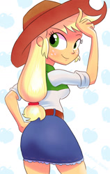 Size: 800x1267 | Tagged: safe, artist:lamar_bone, derpibooru exclusive, applejack, equestria girls, applebutt, ass, clothes, cowboy hat, denim skirt, freckles, hat, skirt, solo, stetson