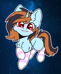 Size: 2000x2400 | Tagged: safe, artist:dark lightning, oc, oc only, pony, unicorn, blushing, cheek fluff, chest fluff, clothes, ear fluff, happy, smiley face, smiling, socks, solo, space, stockings, striped socks, thigh highs, weightlessness