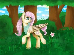 Size: 1600x1200 | Tagged: safe, artist:lanastein, fluttershy, pegasus, pony, bandana, flower, forest, solo