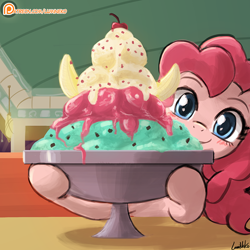 Size: 750x750 | Tagged: safe, artist:lumineko, pinkie pie, pony, the saddle row review, cute, diapinkes, female, food, holding, ice cream, looking at you, mare, patreon, patreon logo, peeking, solo, sundae, sweet dreams fuel, this will end in diabetes, this will end in weight gain