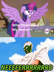 Size: 421x557 | Tagged: safe, derpibooru import, twilight sparkle, twilight sparkle (alicorn), alicorn, pony, dragon ball z, dragonball z abridged, exploitable meme, female, mare, meme, namekian, piccolo (dbz), who destroyed twilight's home