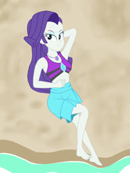 Size: 1024x1365 | Tagged: dead source, safe, artist:brick588, rarity, better together, equestria girls, arm behind head, armpits, barefoot, clothes, feet, geode of shielding, looking at you, magical geodes, swimsuit