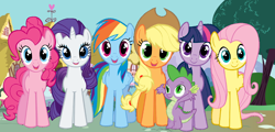 Size: 900x431 | Tagged: artist needed, safe, derpibooru import, applejack, fluttershy, pinkie pie, rainbow dash, rarity, spike, twilight sparkle, unicorn twilight, dragon, earth pony, pegasus, pony, unicorn, cowboy hat, female, hands in the air, hat, male, mane seven, mane six, mare, ponyville