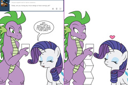 Size: 1204x800 | Tagged: safe, artist:dekomaru, rarity, spike, dragon, pony, unicorn, ask, comic, female, heart, list, male, older, shipping, sparity, straight, tumblr, tumblr:ask twixie