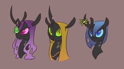 Size: 1280x711 | Tagged: safe, artist:carnifex, oc, oc only, oc:ambrosia, oc:miasma, oc:myxine, changeling, changeling queen, air freshener, blue changeling, brown background, bust, changeling oc, changeling queen oc, christmas, christmas changeling, female, little tree air freshener, mistletoe, portrait, purple changeling, simple background, yellow changeling