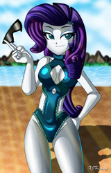 Size: 800x1248 | Tagged: safe, artist:xjkenny, rarity, equestria girls, beach, boob window, breasts, clothes, crepuscular rays, ocean, one-piece swimsuit, raritits, sand, swimsuit