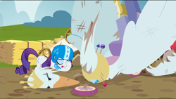 Size: 1360x768 | Tagged: safe, rarity, pony, swan, unicorn, the cart before the ponies, car, cart, hay, hay bale, helmet, swanlestia cart