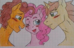 Size: 1385x905 | Tagged: safe, artist:tejedora, cheese sandwich, donut joe, pinkie pie, earth pony, pony, bisexual, blushing, cheesejoe, cheesepie, cheesepiejoe, crayon drawing, cute, female, gay, graph paper, lined paper, male, ot3, pinkiejoe, polyamory, shipping, straight, traditional art