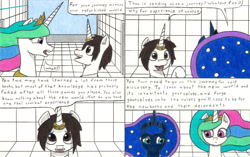 Size: 3286x2061 | Tagged: safe, artist:eternaljonathan, princess celestia, princess luna, oc, oc:nemo, alicorn, pony, comic:a new twist, comic, guardian, horn ring, royal sisters, science fiction, traditional art