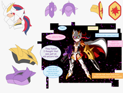 Size: 3600x2700 | Tagged: safe, artist:ironmatt1995, sunset shimmer, twilight sparkle, human, equestria girls, cape, clothes, concept art, digimon, fusion, horn, horned humanization, humanized, omnimon, sword, text, weapon