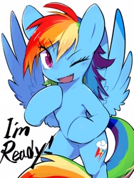 Size: 1536x2048 | Tagged: safe, artist:30clock, derpibooru import, rainbow dash, pegasus, pony, dialogue, female, mare, one eye closed, open mouth, simple background, solo, spread wings, white background, wings, wink