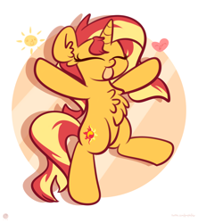 Size: 2276x2560 | Tagged: safe, artist:kimjoman, sunset shimmer, pony, unicorn, :p, bipedal, chest fluff, cute, ear fluff, eyes closed, female, heart, high res, mare, shimmerbetes, solo, sun, tongue out