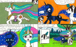 Size: 3278x2056 | Tagged: safe, artist:eternaljonathan, princess celestia, princess luna, oc, oc:nemo, alicorn, pony, comic:a new twist, burp, comic, door, forest, guardian, horn ring, royal sisters, saddle bag, science fiction, squeeze, squeezing, tight clothing, traditional art