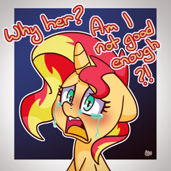 Size: 1500x1500 | Tagged: safe, artist:lou, sunset shimmer, pony, unicorn, crying, dialogue, female, floppy ears, mare, open mouth, question, sad, solo, teary eyes