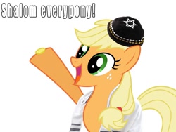 Size: 1152x864 | Tagged: safe, applejack, earth pony, pony, applejew, bits, image macro, judaism, meme, skullcap, solo, text, yamaka