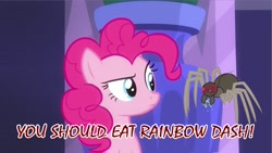 Size: 960x540 | Tagged: safe, pinkie pie, earth pony, pony, spider, fuzzy legs, implied cupcakes, implied vore, meme, sfdebris, shoulder angel, shoulder devil, shoulder spider