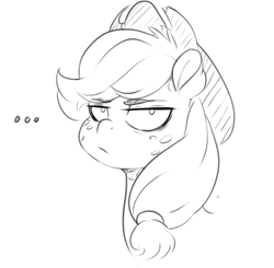 Size: 650x637 | Tagged: safe, artist:sundown, applejack, earth pony, pony, ..., applejack is not amused, bust, frown, lidded eyes, looking at you, monochrome, portrait, solo, unamused