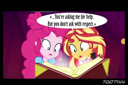 Size: 1288x858 | Tagged: safe, edit, edited screencap, editor:teren rogriss, screencap, pinkie pie, sunset shimmer, better together, equestria girls, sunset's backstage pass!, book, movie reference, the godfather