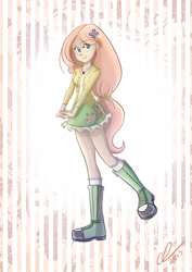 Size: 2480x3508 | Tagged: safe, artist:lalindaaa, fluttershy, human, blushing, boots, clothes, humanized, jewelry, legs, necklace, shirt, skirt, socks, solo