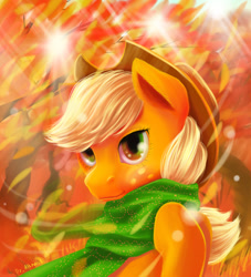 Size: 1000x1100 | Tagged: safe, artist:draltruist, applejack, earth pony, pony, autumn, clothes, crepuscular rays, leaves, scarf, solo