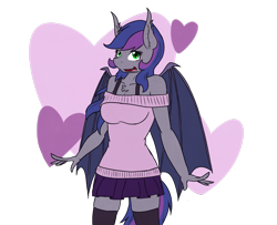 Size: 1687x1367 | Tagged: safe, artist:phoenixswift, oc, oc only, oc:midnight melody, anthro, bat pony, clothes, female, heart, simple background, skirt, socks, solo, sweater, thigh highs, transparent background