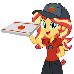 Size: 1024x1024 | Tagged: safe, artist:emeraldblast63, sunset shimmer, equestria girls, cap, female, food, hat, looking at you, open mouth, pizza, pizza box, pizza delivery, simple background, solo, tomato, transparent background