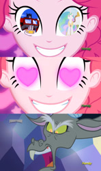 Size: 1280x2160 | Tagged: safe, edit, edited screencap, screencap, discord, pinkie pie, princess celestia, coinky-dink world, eqg summertime shorts, equestria girls, to where and back again, angry, heart eyes, implied dislestia, implied shipping, implied straight, meme, optilestia, optimus prime, pinkie the shipper, pinkie's eyes, shipper on deck, shipping denied, transformers, wingding eyes