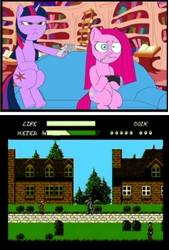 Size: 412x609 | Tagged: safe, derpibooru import, pinkie pie, twilight sparkle, earth pony, pony, cruel and unusual punishment, dr jekyll and mr hyde, exploitable meme, gun meme, meme