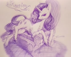 Size: 1024x817 | Tagged: safe, artist:angusdra, rarity, pony, unicorn, colored pencil drawing, fainting couch, female, looking at you, mare, monochrome, purple, simple background, solo, traditional art, unshorn fetlocks, watermark, white background