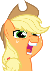 Size: 500x709 | Tagged: safe, artist:paragonaj, edit, applejack, earth pony, pony, face, faic, fashion reaction, hat, meme, reaction image, silly, silly pony, simple background, solo, teeth, transparent background