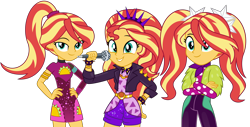 Size: 13800x7000 | Tagged: safe, artist:emeraldblast63, adagio dazzle, aria blaze, sonata dusk, sunset shimmer, better together, equestria girls, sunset's backstage pass!, clothes, clothes swap, dress, headband, implied adagio dazzle, implied aria blaze, implied dazzlings, implied sonata dusk, microphone, simple background, taco dress, the dazzlings, transparent background