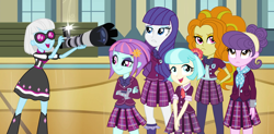 Size: 1468x720 | Tagged: safe, artist:thecheeseburger, artist:themexicanpunisher, artist:xebck, adagio dazzle, coco pommel, photo finish, rarity, sunny flare, suri polomare, equestria girls, alternate universe, auditorium, canterlot high, clothes, equestria girls-ified, school uniform