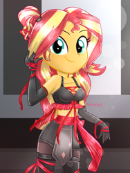 Size: 1800x2400 | Tagged: safe, artist:artmlpk, sunset shimmer, equestria girls, adorable face, adorasexy, adorkable, alternate hairstyle, bare shoulders, beautiful, boots, bow, clothes, costume, cute, design, digital art, dork, evening gloves, female, gloves, high res, kunoichi, long gloves, looking at you, midriff, ninja, ninja costume, outfit, pigtails, ponytail, ribbon, sexy, shimmerbetes, shoes, shorts, sleeveless, smiling, smiling at you, socks, solo, sports bra, thigh boots, thigh highs, thighs, watermark